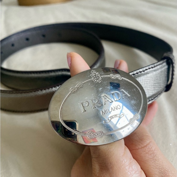 Prada Saffiano Engraved Logo Metallic Dark Silver Belt - Picture 4 of 13
